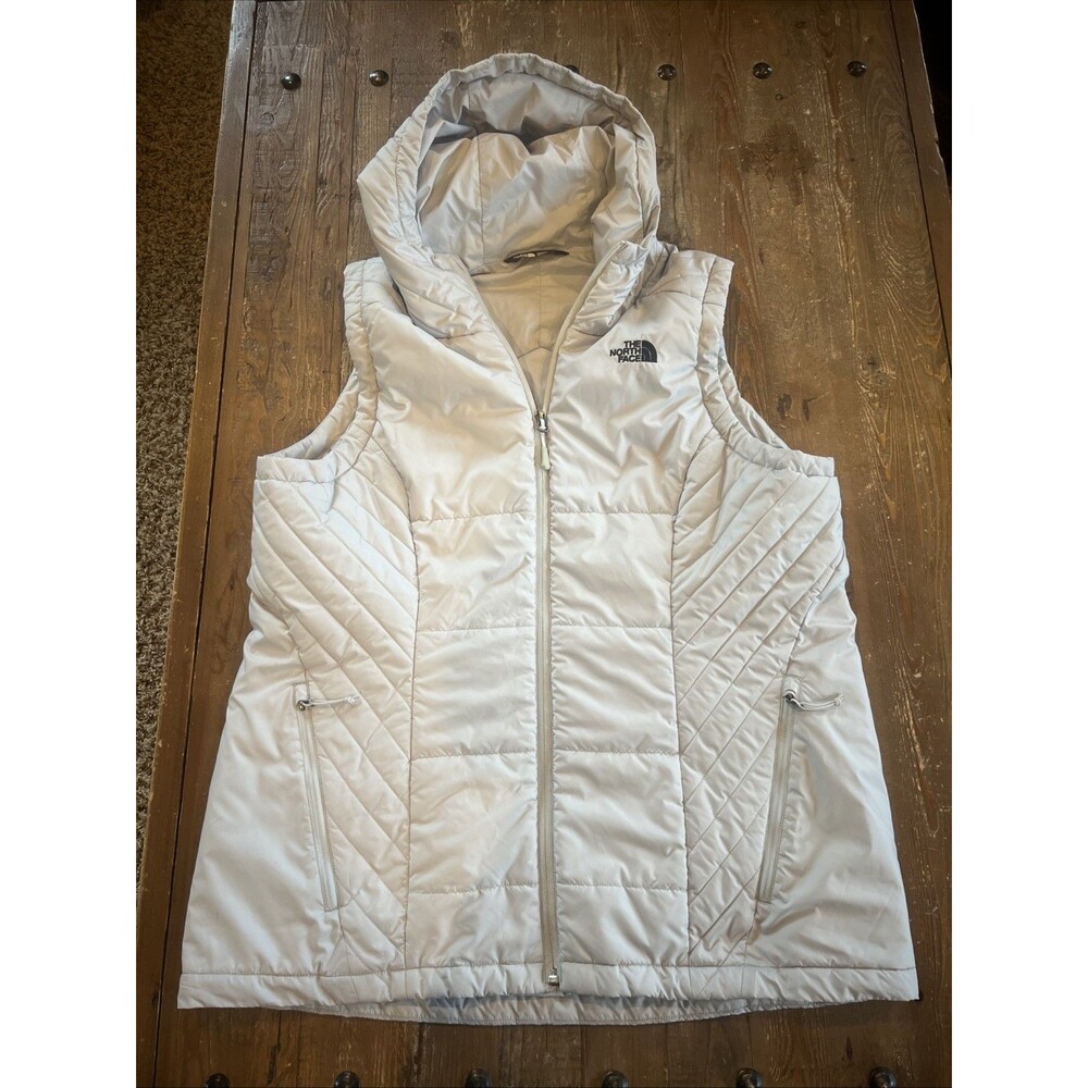 North Face Women's Jordannha White Light Gray Full Zip Hooded Vest XL Insulated